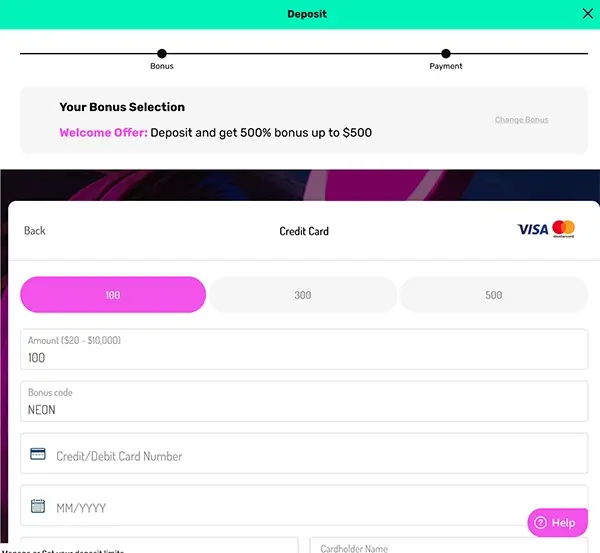 NeonVegas Credit Card deposit